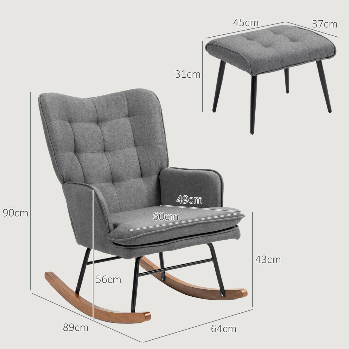 HOUPACÍ křeslo s podnožkou 64/89/90 cm s područkami a polyesterovým čalouněním, Tmavě šedá - tmavě šedá, textil (89/90/64cm) - Redom