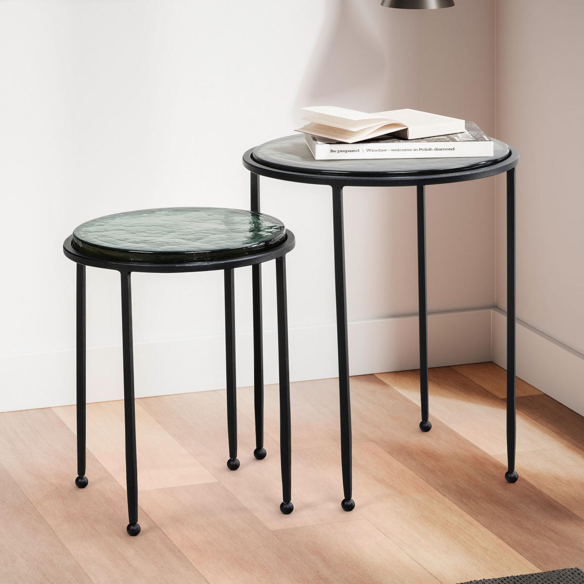 BEISTELLTISCH Set Grün Schwarz Rund Glas Metall Modern Abnehmbare Tischplatte - Schwarz/Grün, Glas/Metall (45/45/52cm) - KADIMA DESIGN