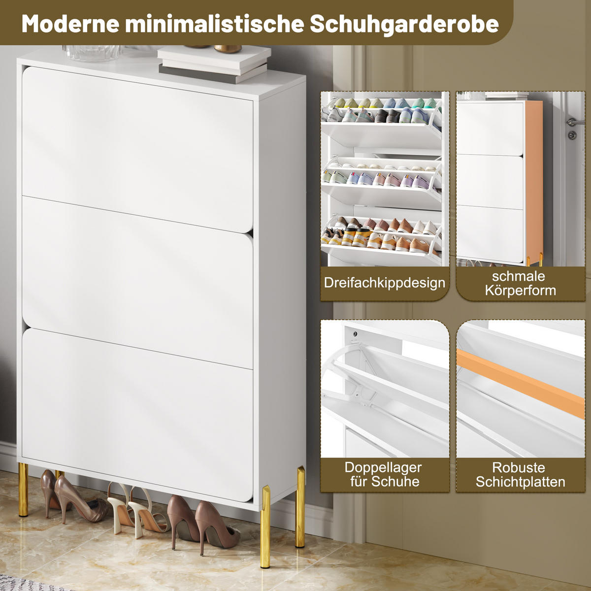 SCHUHSCHRANK 73/24/120 cm weiß aus MDF mit 3 Türen - Weiß, Holzwerkstoff (73/120/24cm) - OKWISH