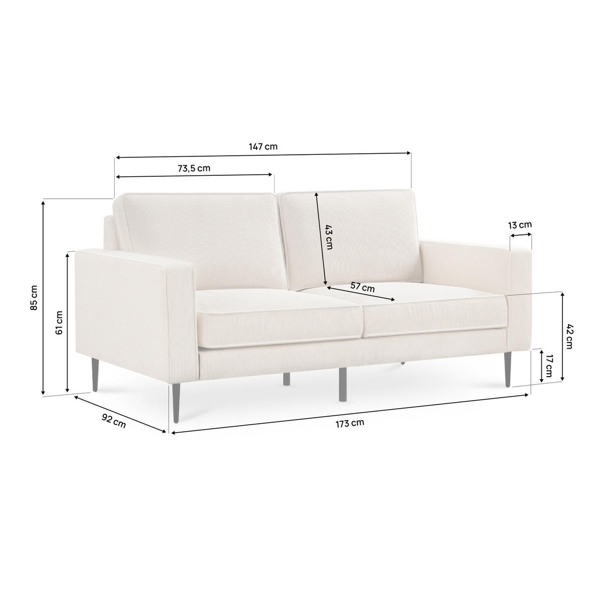 2-SITZER-SOFA Oskar Vintage beige Cord - Beige/Schwarz, Holz/Textil (173/83/92cm) - Sicaan
