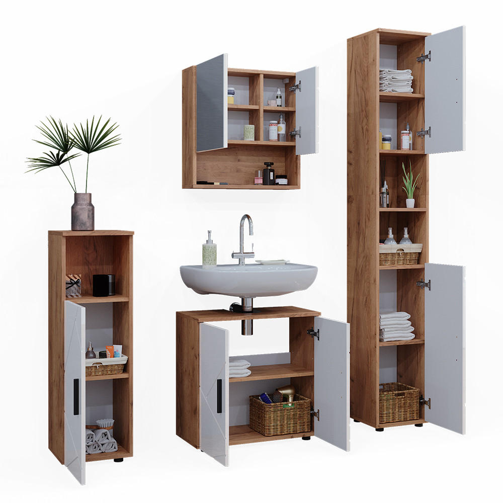 BADMÖBEL-SET Irma Weiß Hochglanz/Goldkraft Eiche 4 Teile mit Hochschrank - Weiß Hochglanz/Eiche Wotan, Holzwerkstoff (80/58.6/41cm) - Vicco