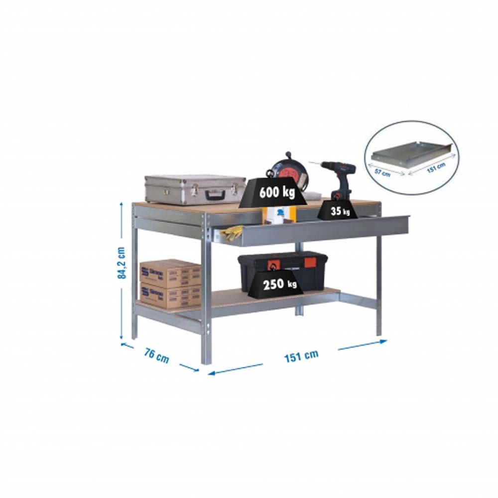 WERKBANK BUFFALO mit Schubfach | HxBxT 84x150x76cm | Traglast 600kg | Verzinkt - Silberfarben, Metall (150/84/76cm) - PROREGAL