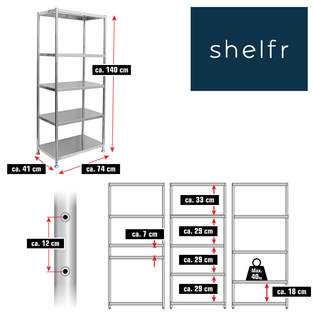 EDELSTAHL-REGAL 74x41x140 bis 200kg inkl. 5 Ebenen - Silberfarben, Metall (41/140/74cm) - shelfr