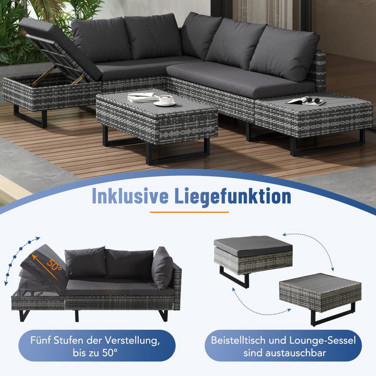 LOUNGEGARNITUR für 4-5 Personen mit Ecksofa，Grau - Grau, Textil - KOMHTOM