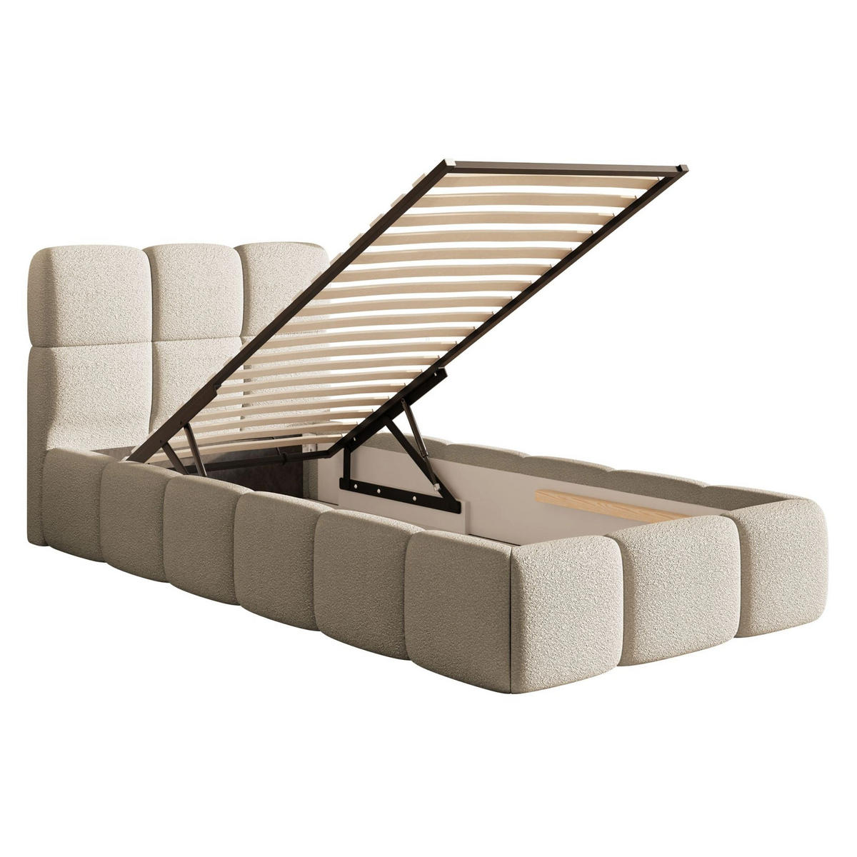POLSTERBETT Cloudy Hellbeige Bouclé, Bettkasten & Lattenrost, 90x200 cm - Ecru/Schwarz, Kunststoff/Textil (90/200cm) - Selsey