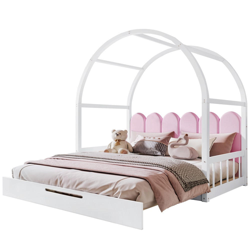 KINDERBETT(140X100CM&140X200CM) in Weiß mit Samtkissen - Weiß, Holz (140/200cm) - KOMHTOM