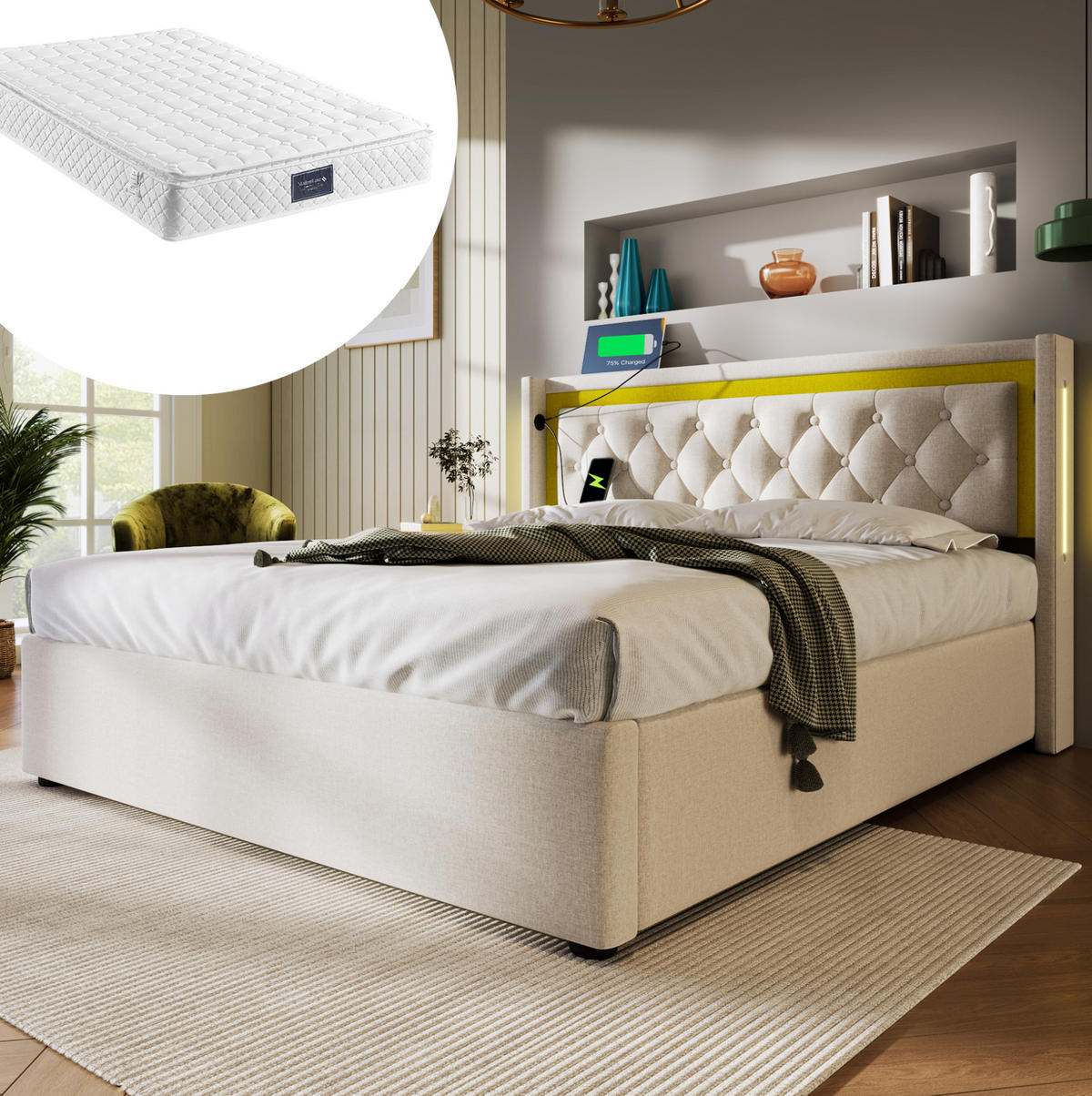 POLSTERBETT mit LED, Stauraum und USB-C 140x200 cm Beige inklusive Matratze - Beige, Metall (140/200cm) - Meubliv