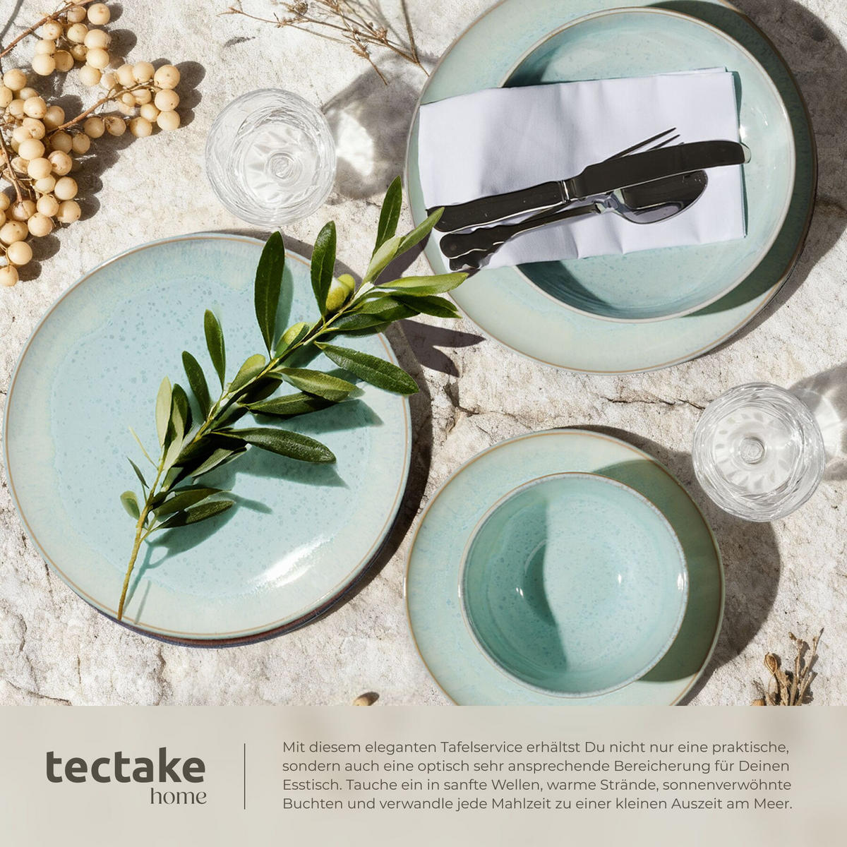 TAFELSERVICE Mare, ineinander stapelbar, Mint - Mintgrün, Keramik (26.5/2.5/26.5cm) - tectake