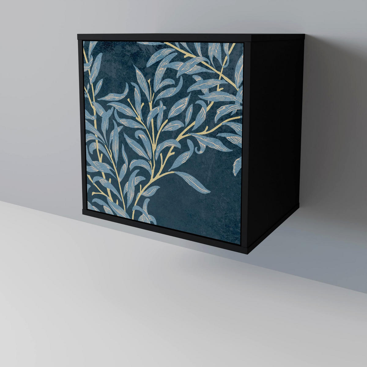 SIDEBOARD BLUE LEAVES, Schwarz, 57,5x42x67,5 cm, Schwarze Metall-Rahmenfüße - Multicolor/Schwarz, Holzwerkstoff/Metall (57.5/67.5/42cm) - SpaceRebels