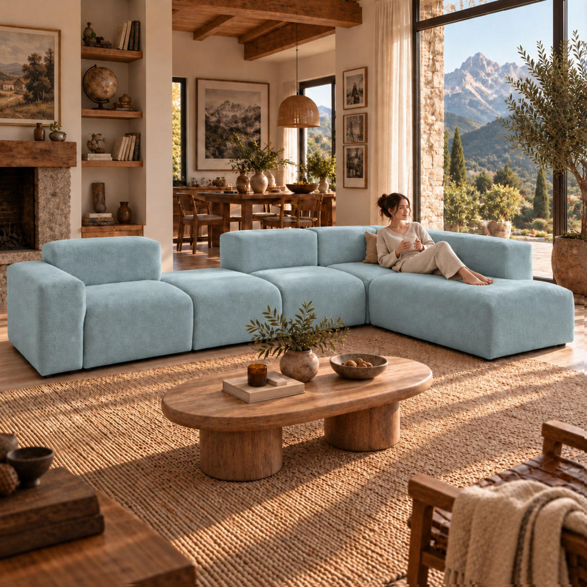 5-SITZER modulares Ecksofa HEAVEN SET 5 Rechts, Breite 380 cm Webstoff Blaugrau - Blaugrau/Schwarz, Holz/Kunststoff (245/380cm) - Muffo