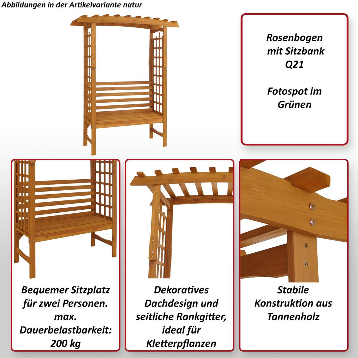 RŮŽOVÝ oblouk s lavičkou, hnědý - hnědá, dřevo (160/201/60cm) - MCW