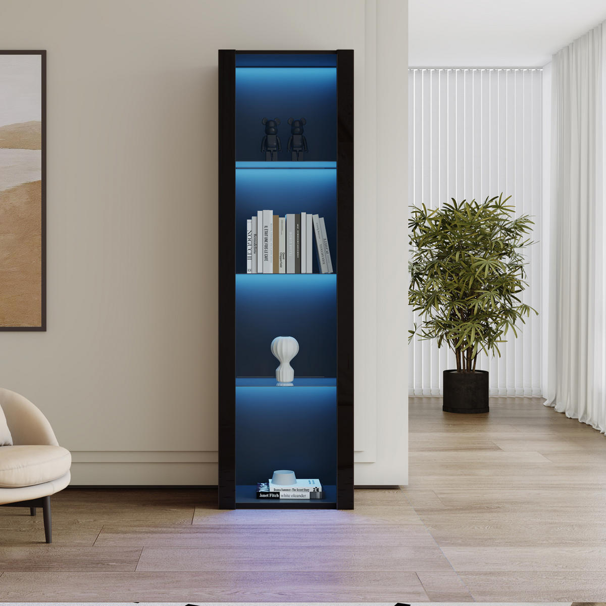 VITRINE 55/38/166 cm in Schwarz Hochglanz mit LED-Beleuchtung - Schwarz, Holzwerkstoff (55/166/38cm) - Flora Grace