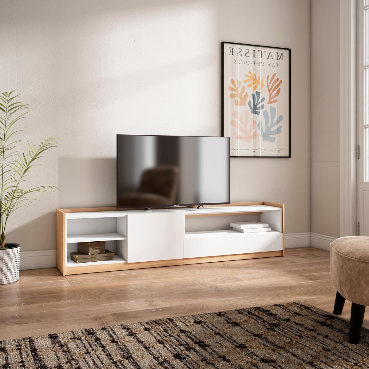 TV-SCHRANK, Lowboard, Weiß und Eiche Soft, 207/37/50cm - Weiß, Holzwerkstoff (207/50/37cm) - Skraut Home