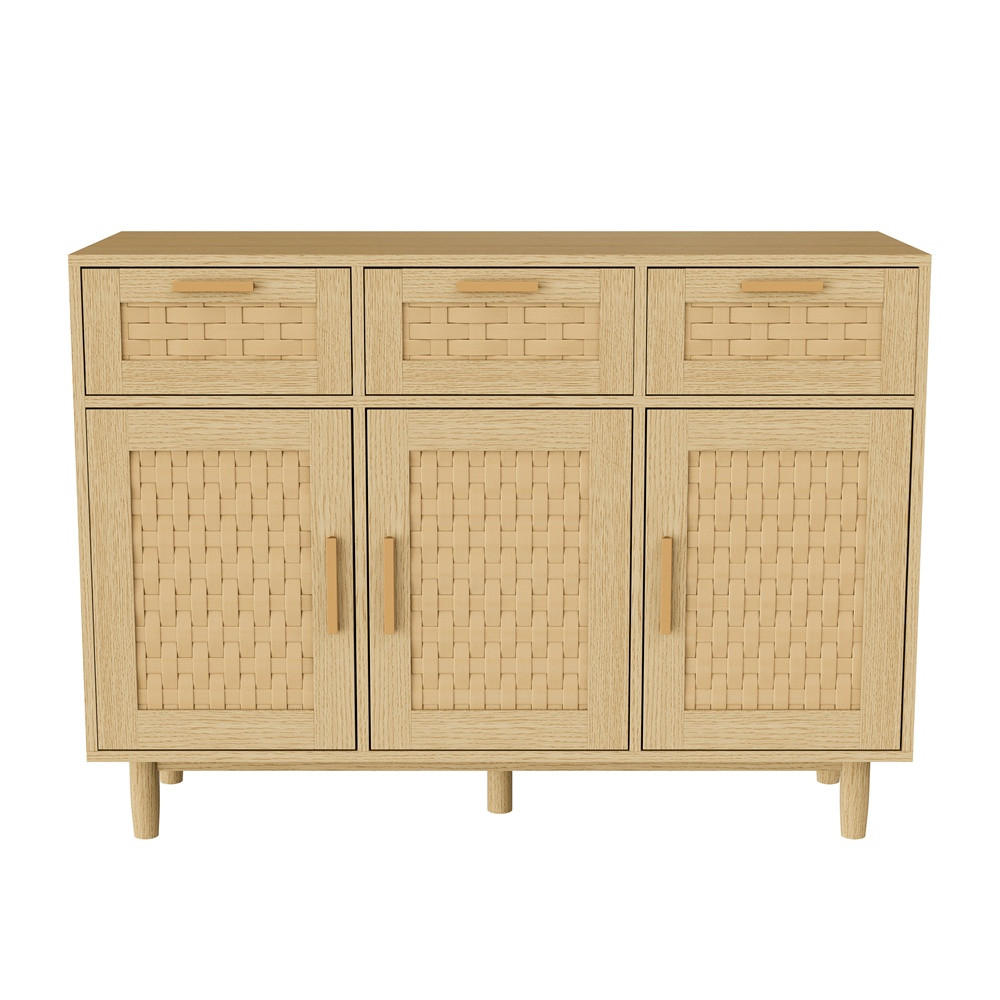 SIDEBOARD mit 3 Schubladen und 3 Türen - natürliche Geflecht-Optik und feine Metallgriffe - Eiche-Optik - Eichefarben, Holzwerkstoff (107.9/80/40cm) - DELFA