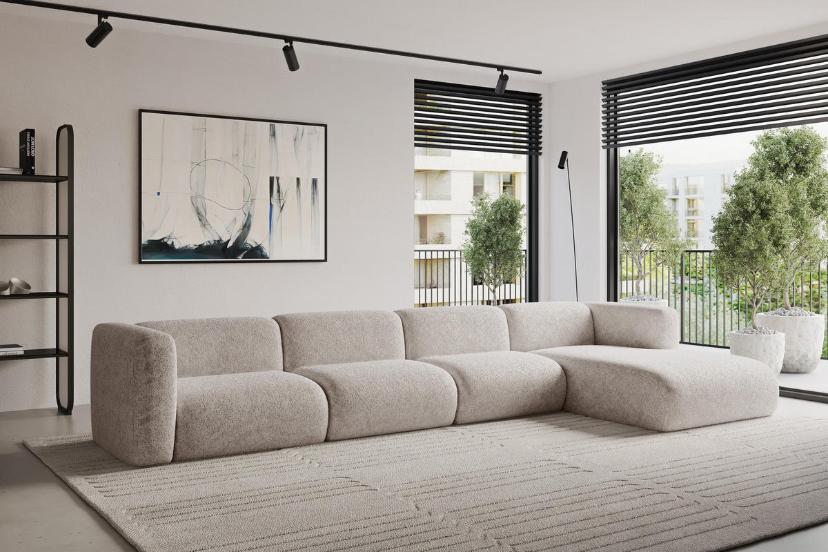 ECKSOFA Ottomane Rechts MIRA-L3 409x179x70 Hellgrau Velours - Hellgrau/Schwarz, Holzwerkstoff/Kunststoff (409/179cm) - ALTDECOR