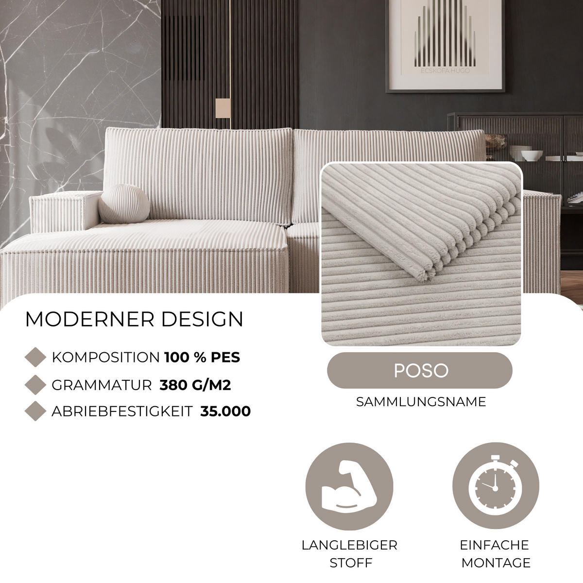 ECKSOFA HUGO Rechts, mit Schlaffunktion und Bettkasten, Creme - Creme, Textil (255/148cm) - Idohome