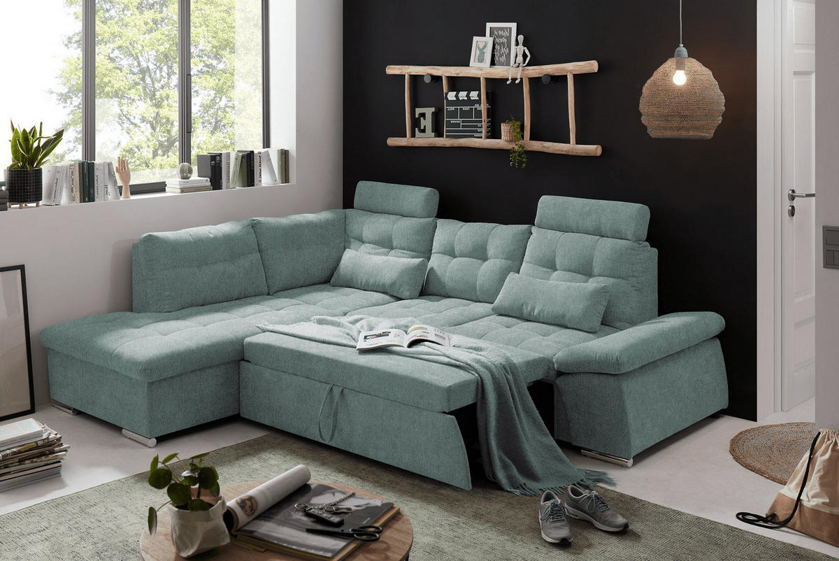 ECKSOFA mit Schlaffunktion, verstellbare Armlehne und Kopfstützen - Chromfarben/Blau, Textil (260/219cm) - ed exciting design
