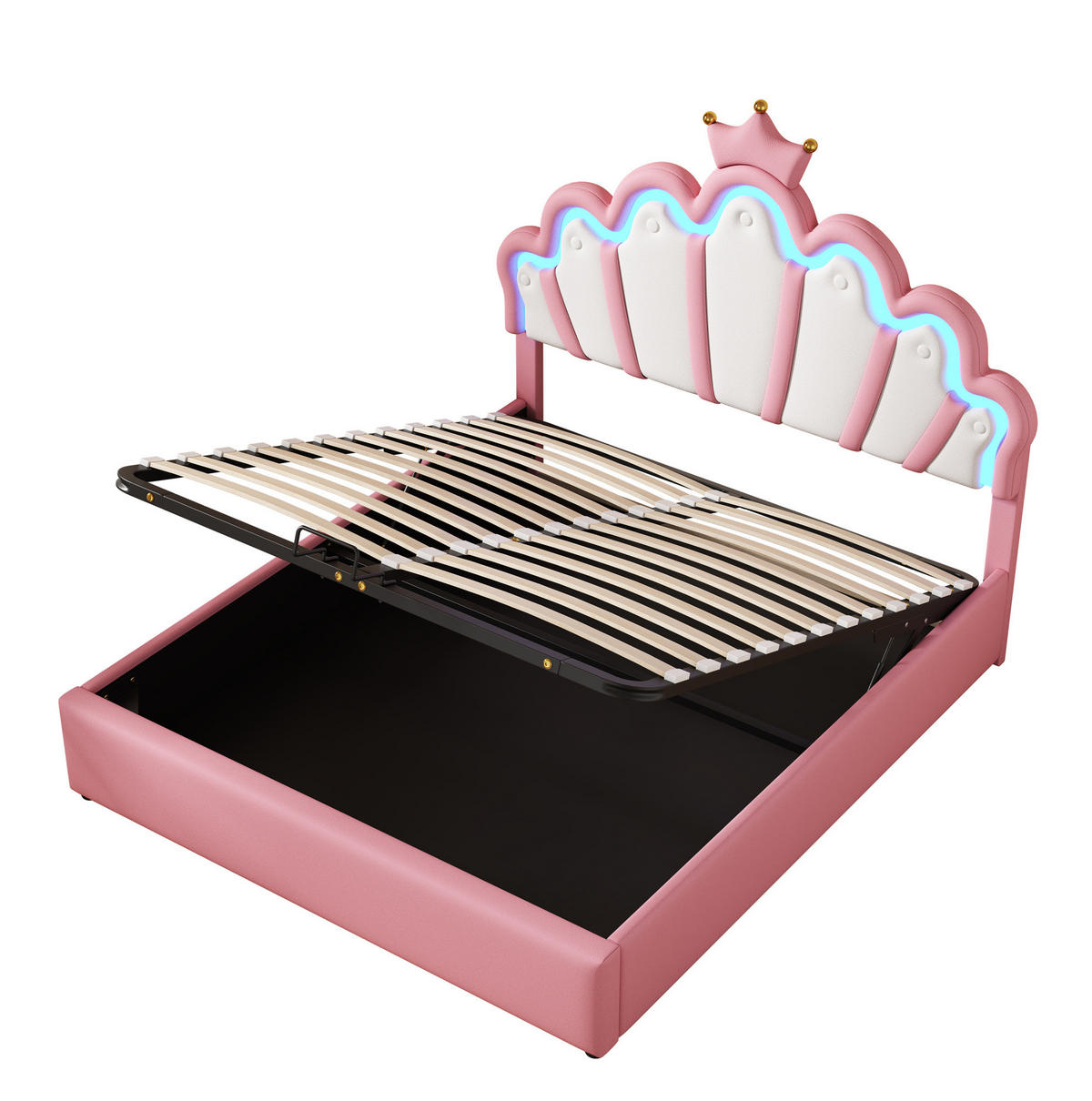 POLSTERBETT aus MDF, Kunstleder und Metall 140x200 cm Rosa mit LED-Beleuchtung und Stauraum - Rosa, Kunststoff (140/200cm) - IVMEU