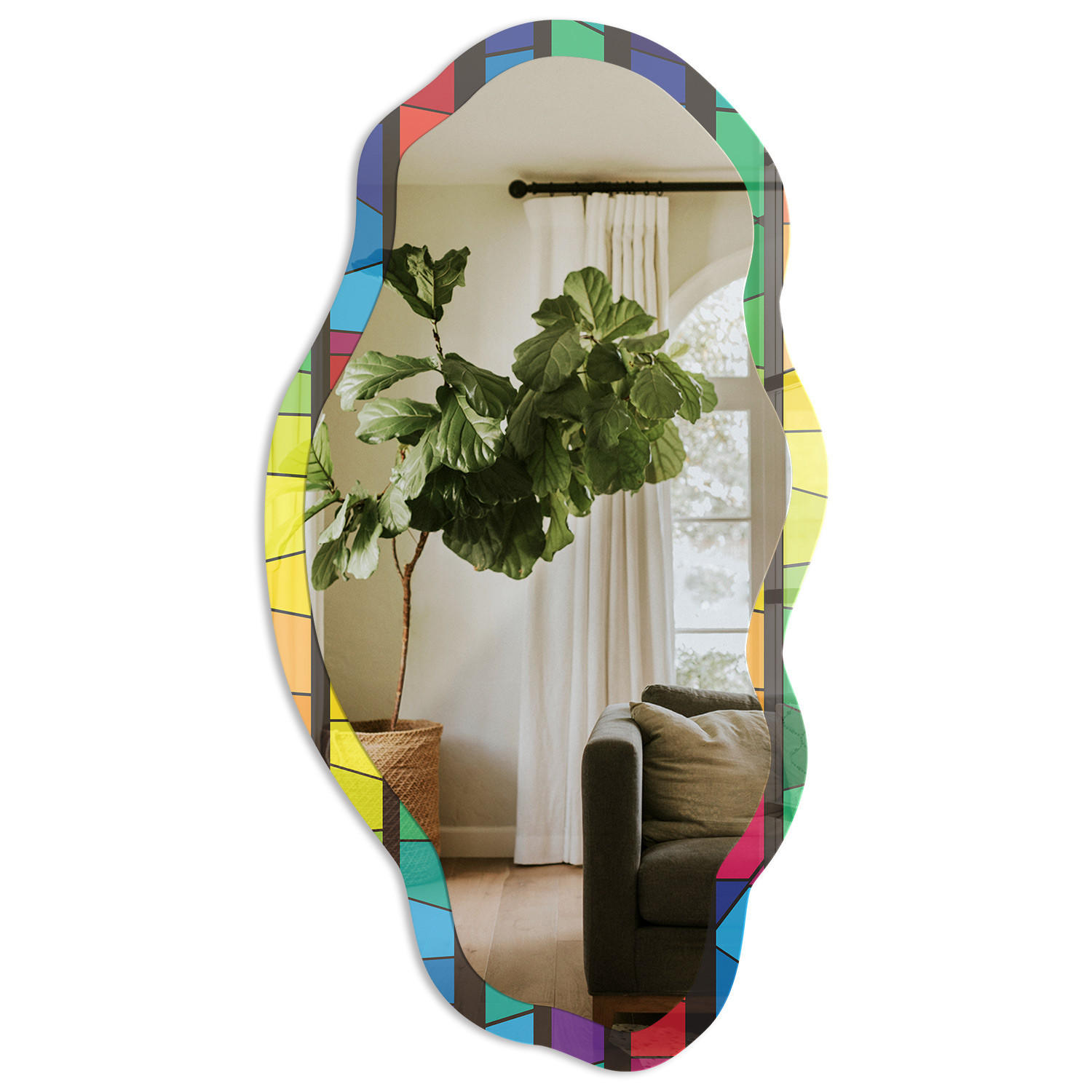 SPIEGEL 90x45 cm asymmetrisch mit Druck - Farbenfrohes Mosaik - Transparent, Glas (45/90/0.4cm) - TULUP