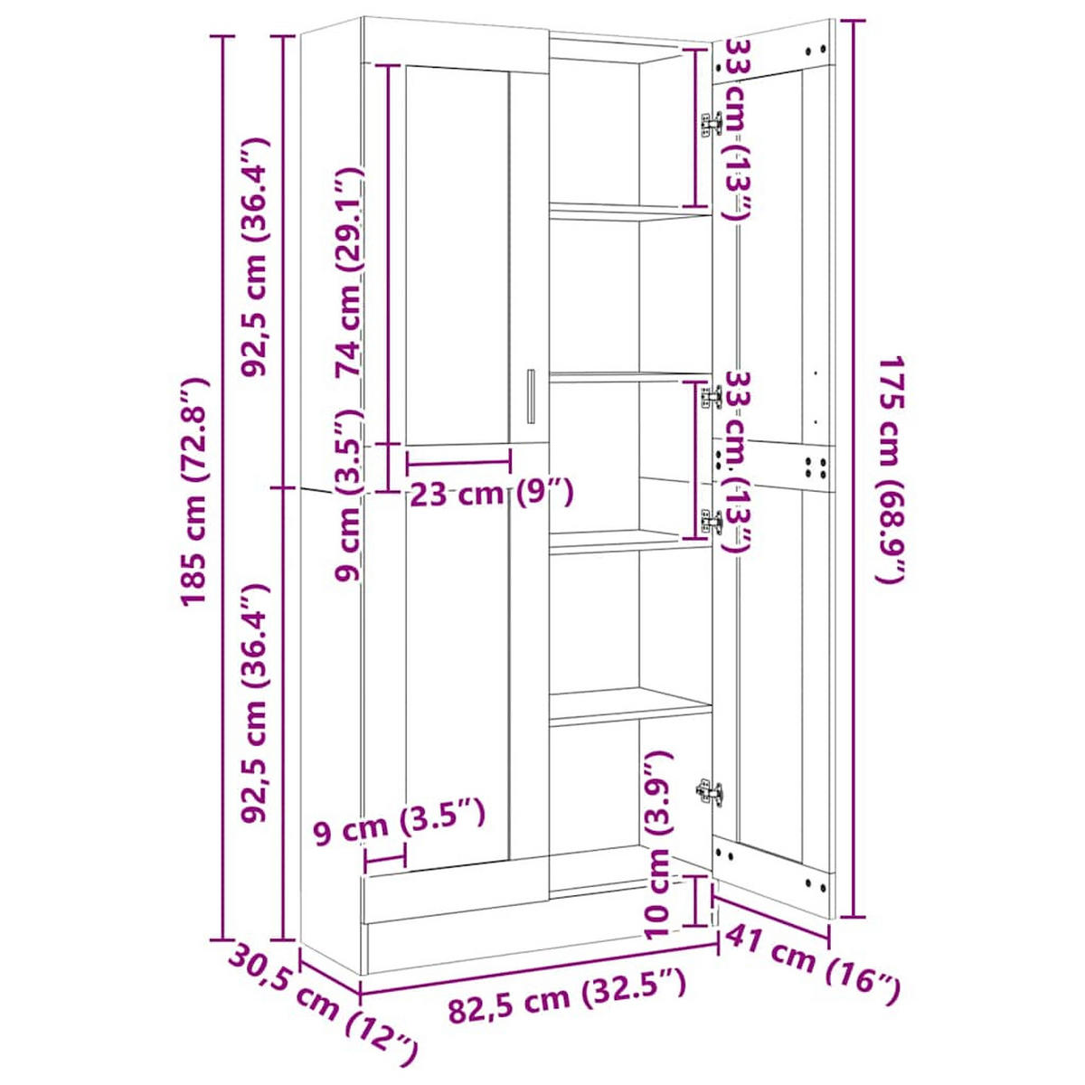 VITRINENSCHRANK mit 5 Fächern, 2 Glastüren 82,5/30,5/185,5 cm aus Holzwerkstoff Betongrau - Hellgrau, Holz (82.5/185.5/30.5cm) - vidaXL