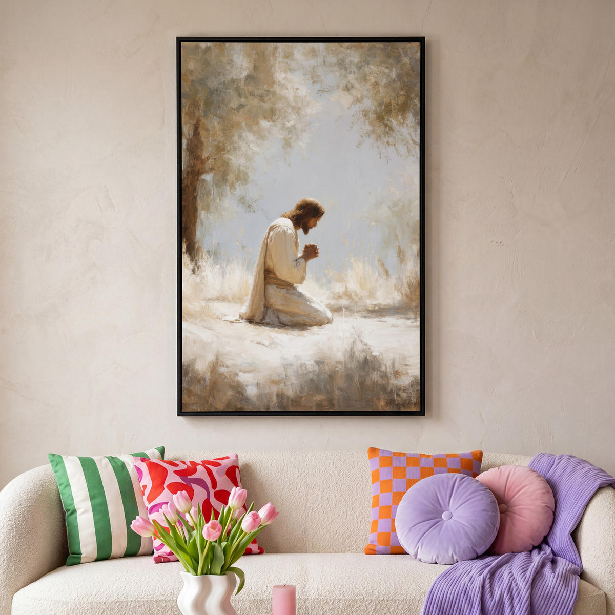 LEINWAND Bilder mit Rahmen - Jesus - Kniend - Waldlandschaft - Betend - 80x120 - Beige, Textil (80/120cm) - MuchoWow