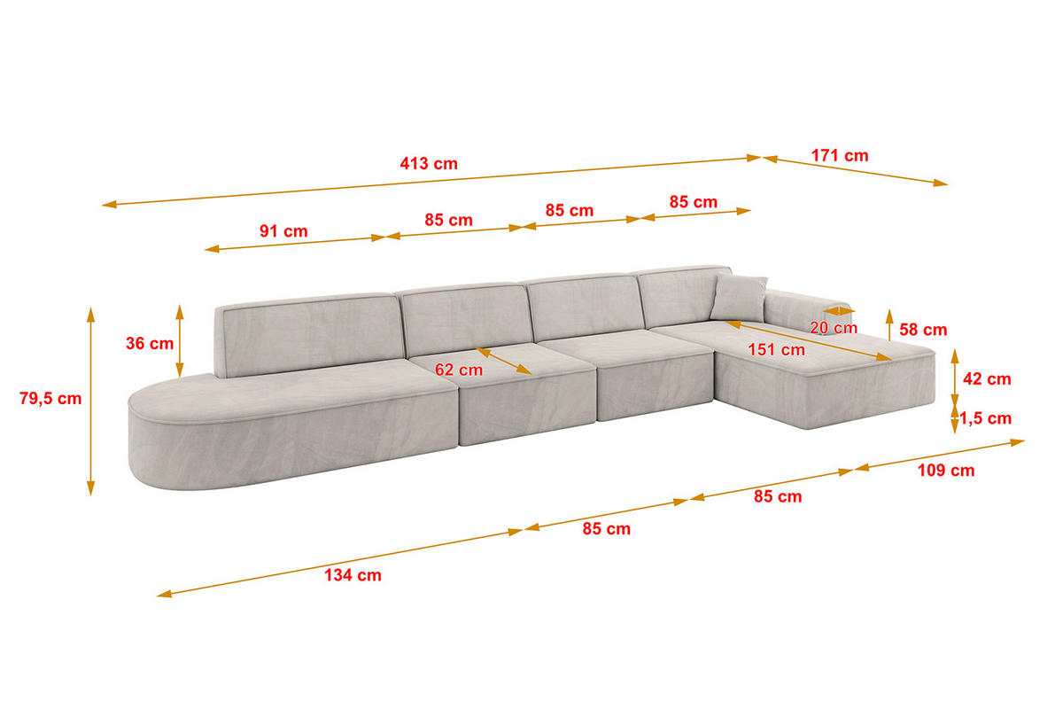 ECKSOFA Ottomane Rechts IREA-L3-v3 - 413x171x79 cm Hellbraun - Hellbraun, Holzwerkstoff/Textil (171/413cm) - ALTDECOR