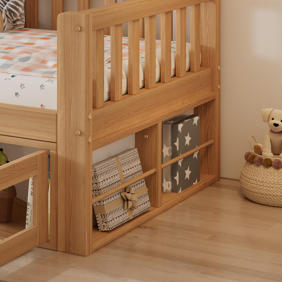 KINDERBETT 90/200 cm in Natur mit Schublade, Schrank und Ablagen - Naturfarben, Holz/Holzwerkstoff (90/200cm) - WISHDOR