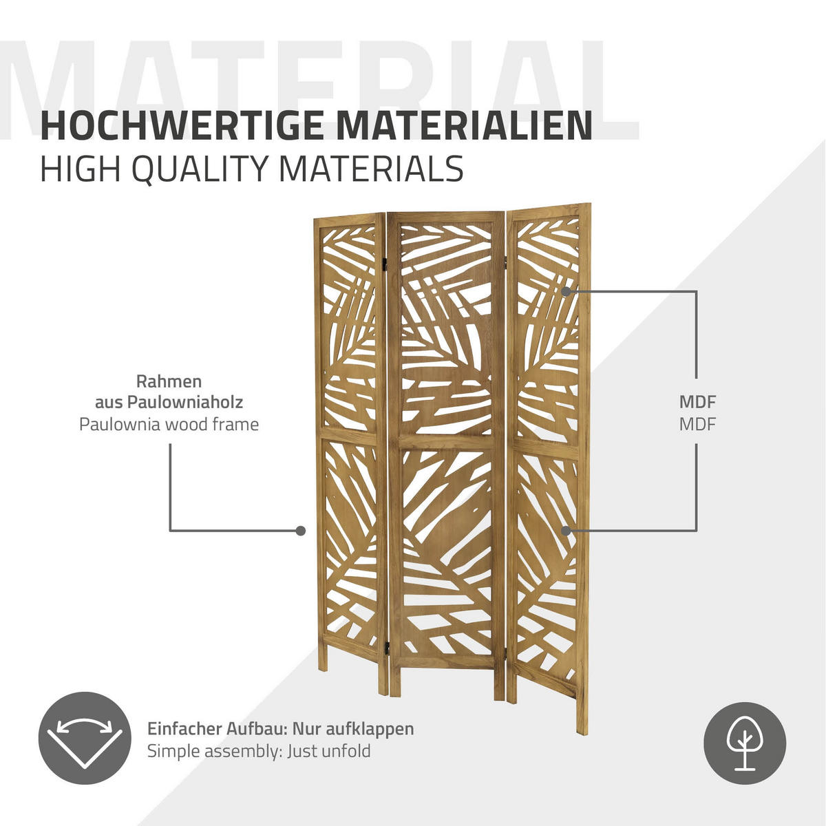 PARAVENT 3 teilig Kyoto 170x121 cm Natur aus Holz - Braun, Holz (121/170/2cm) - ML-DESIGN