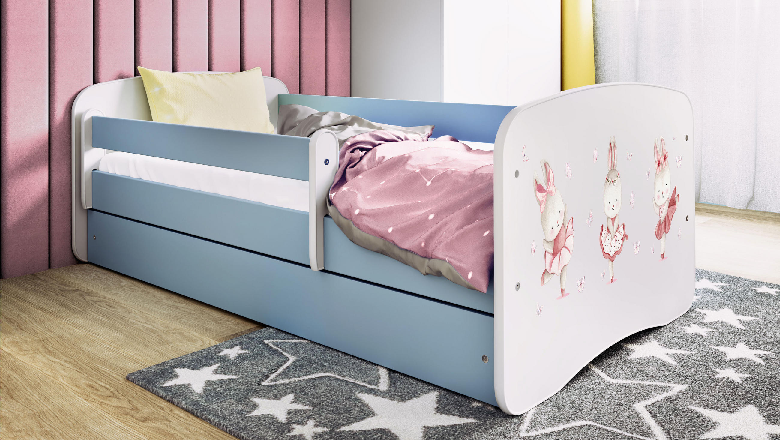 KINDERBETT Kaninchen mit Schmetterlingen mit Schublade 140/70 80/61/144 - Blau, Holzwerkstoff (70/140cm) - RAUMHIRSCH FURNITURE