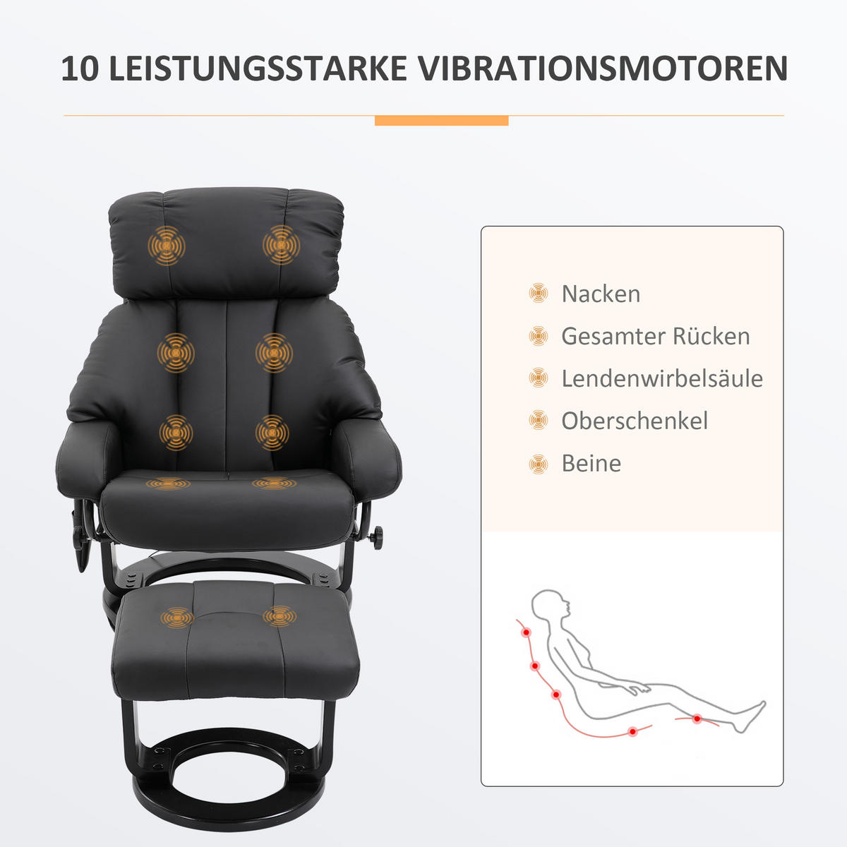 RELAXSESSEL mit Liegefunktion Massagesessel inkl. Hocker Fernsehsessel drehbar - Schwarz, Leder/Kunststoff (80/102/76cm) - HOMCOM