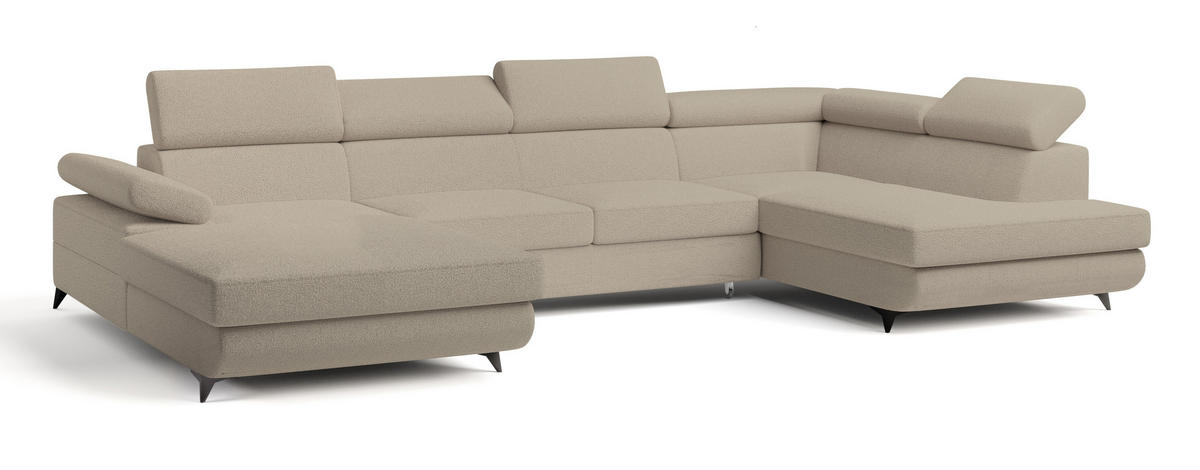 WOHNLANDSCHAFT RUBANO R-S Beige Boucle-Stoff mit Schlaffunktion - Beige, Holz (339/89/190cm) - MASSENO