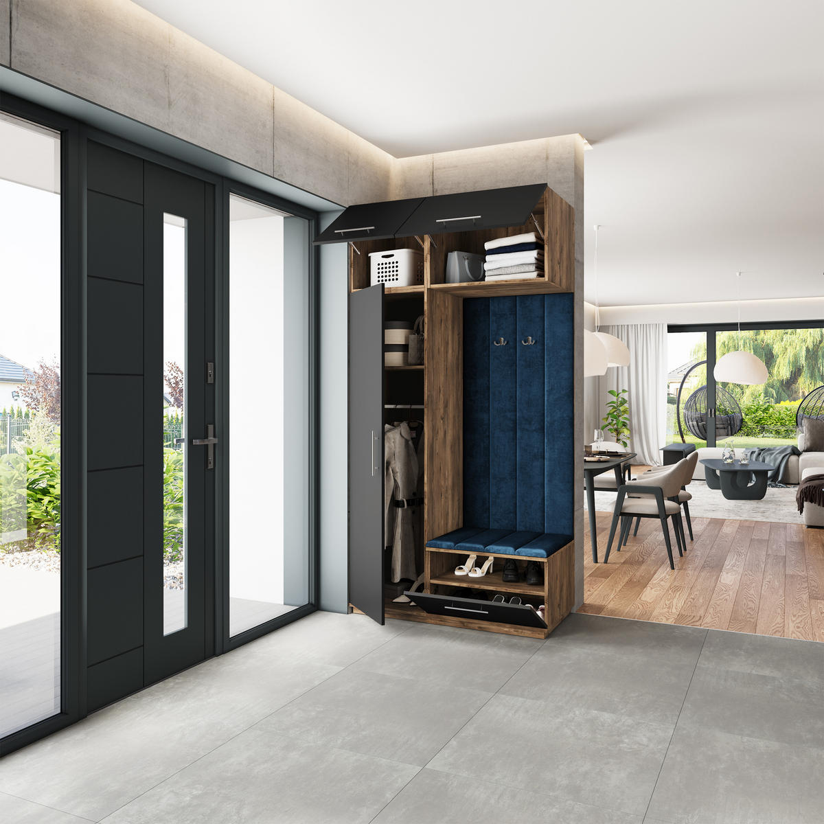 GARDEROBENSCHRANK REMA 120/240/60 cm Modern Garderobe-Set Eiche Lefkas - Blau/Eichefarben, Holzwerkstoff (120/240/60cm) - MASSENO