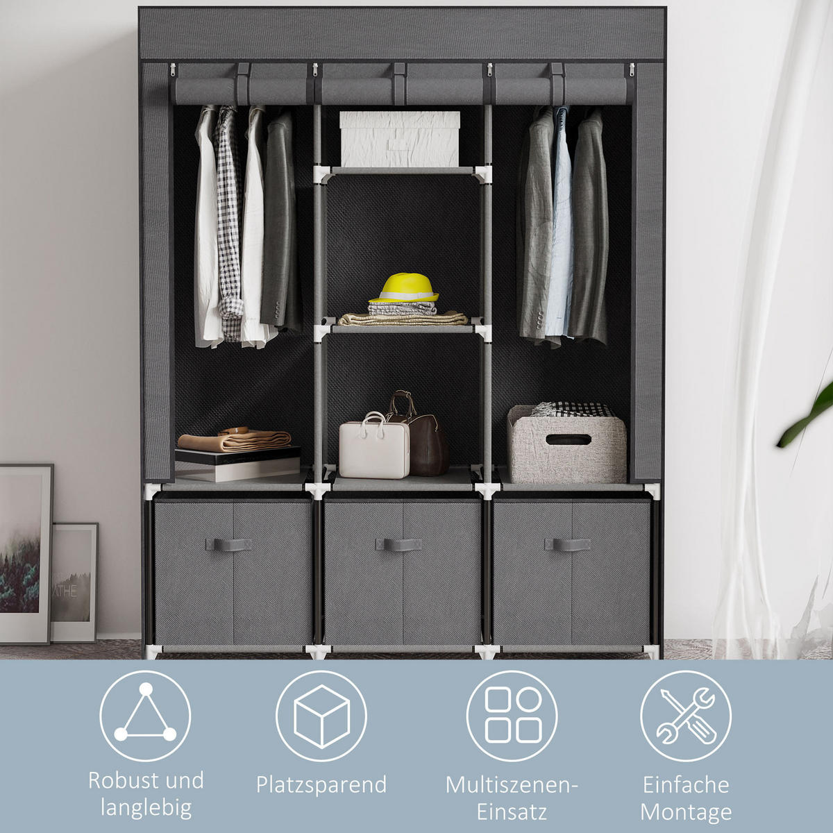 KLEIDERSCHRANK aus Stahl 125x43x162,5 cm Dunkelgrau mit Reißverschluss, 2 Kleiderstangen und 3 Stoffschubladen - Dunkelgrau, Metall (125/162.5/43cm) - Modfu