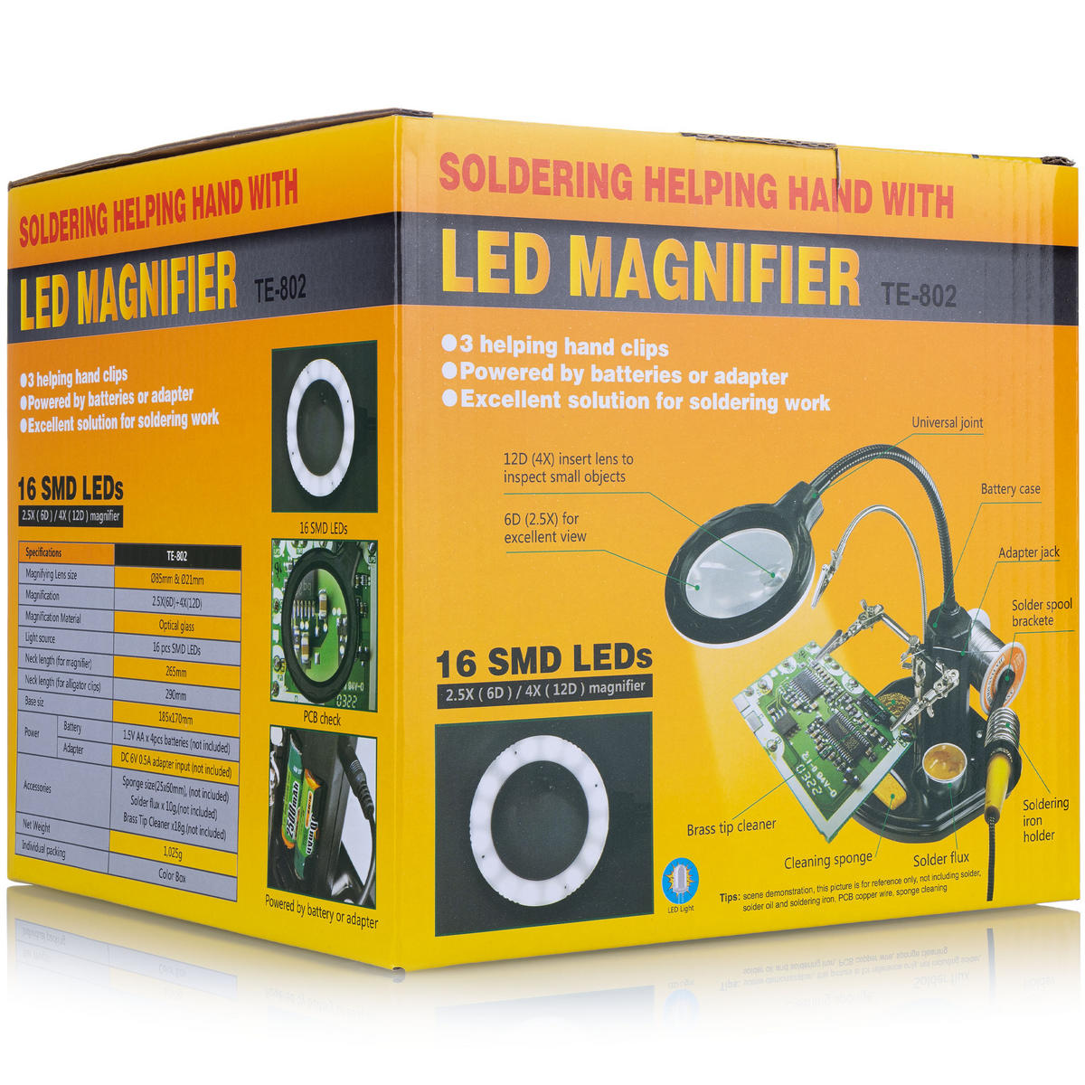 HALTER TE-802 - Dritte Hand mit Lupe, Lötkolbenhalter, Lötzinnbehälter, LED dimmbar, Ø85 mm, 2,5x/4x, USB/4x AA - Multicolor, Kunststoff/Metall (18/20/19cm)