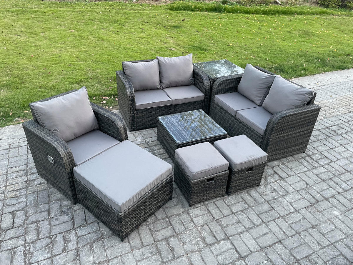 LOUNGEGARNITUR Polyrattan Dunkelgrau 8-Sitzer - Dunkelgrau, Metall - Fimous