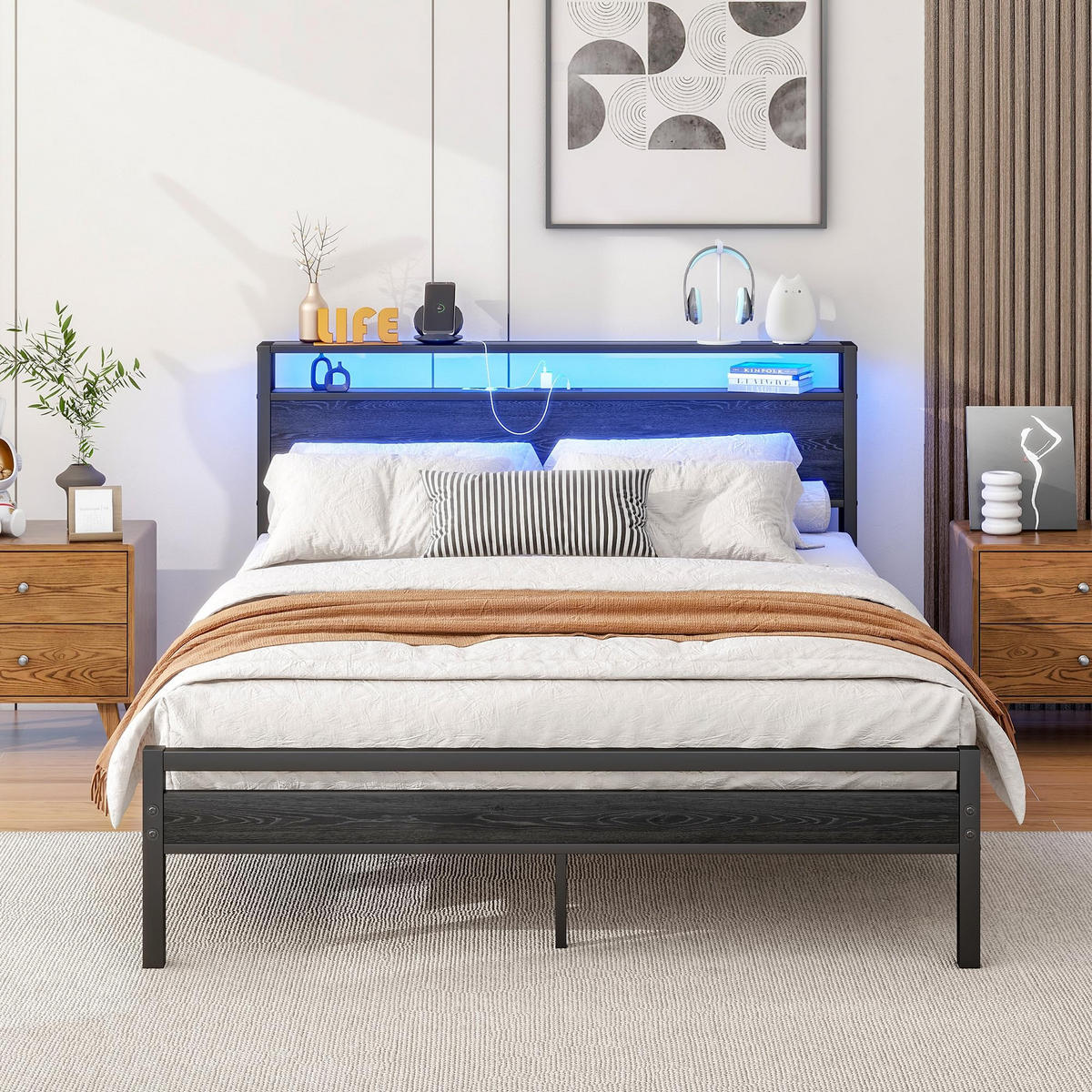 BETT 140/200 cm DE-33031 mit USB und LED-Beleuchtung Schwarz - Schwarz, Metall (140/200cm) - ComfortXL
