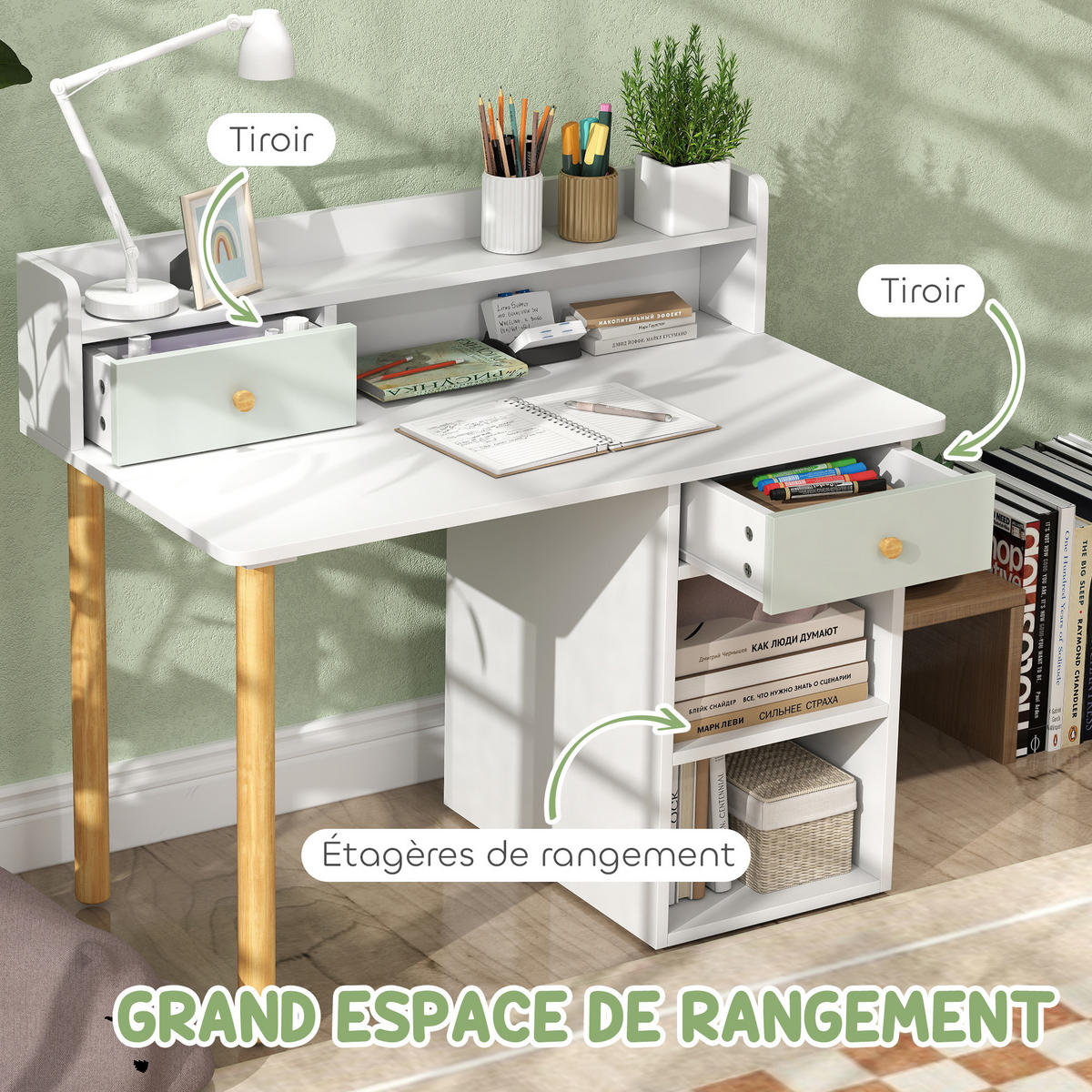 KINDERSCHREIBTISCH-SET DE-17562 2 Schubladen und offene Regale Grün - Grün, Holzwerkstoff (85/73/48cm) - ComfortXL