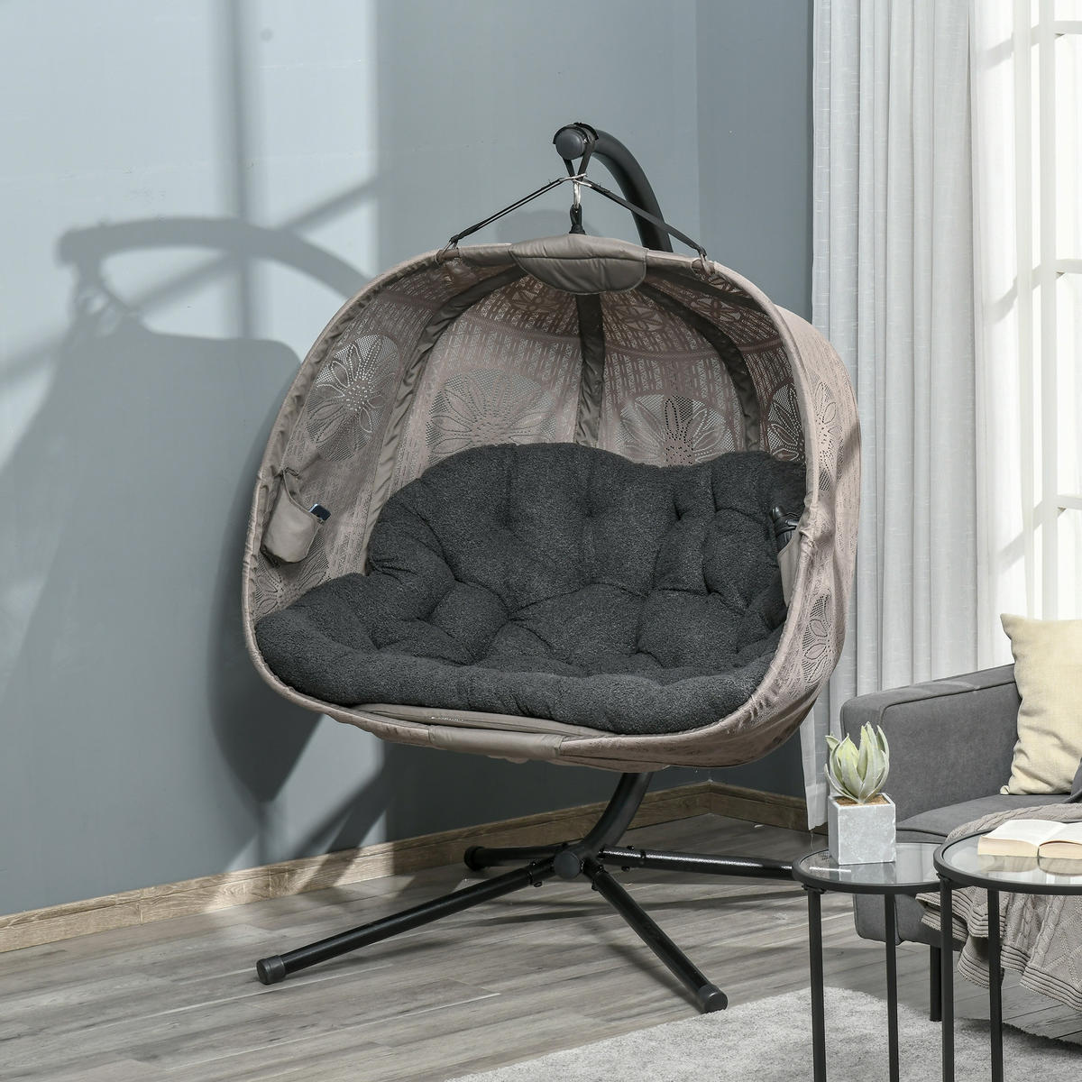 HÄNGESESSEL, Stahl, Polyester, Schwarz - Sandfarben/Schwarz, Kunststoff/Metall (126/172/132cm) - Outsunny