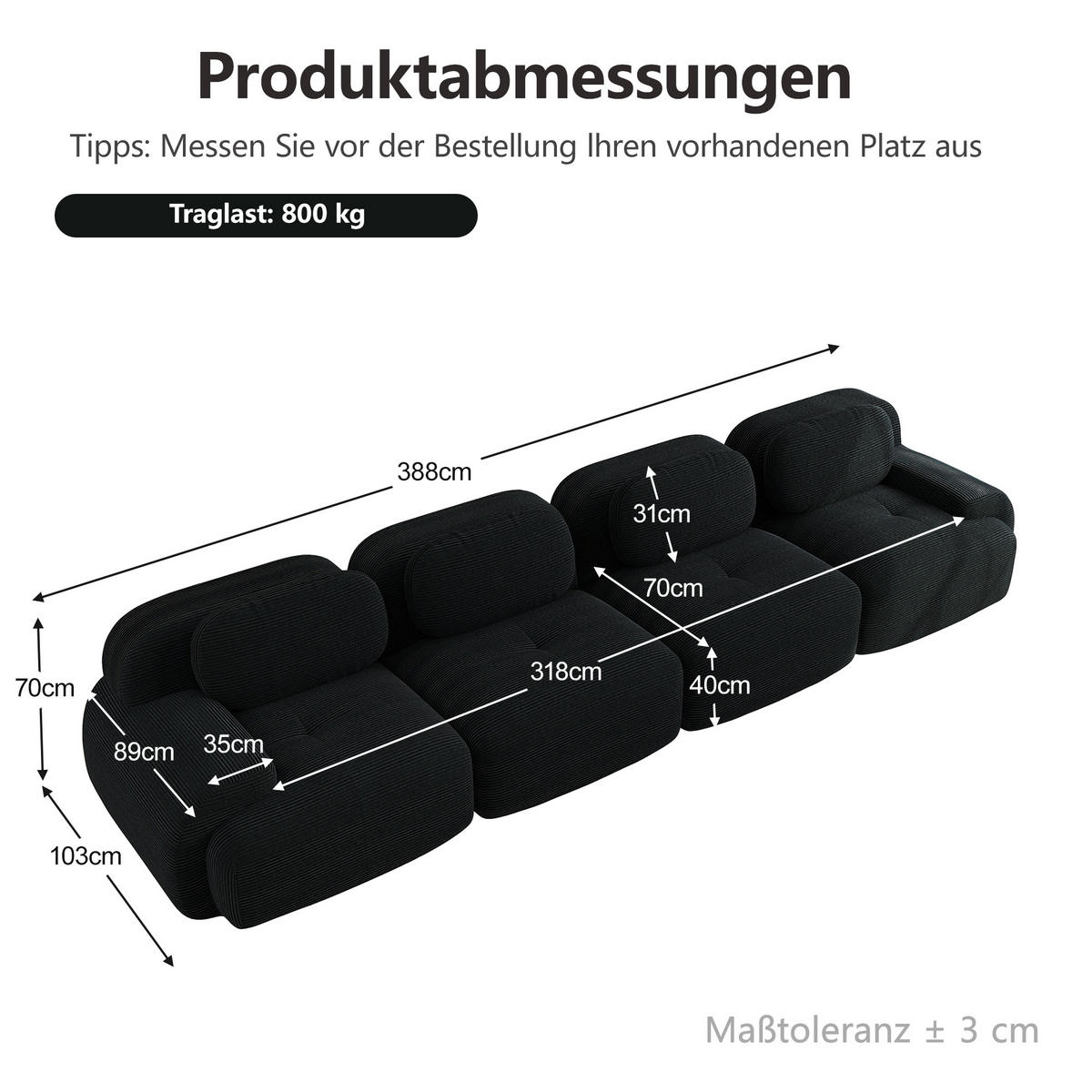 4-SITZER-SOFA DE-34025 modular mit Armlehnen Schwarz - Schwarz, Textil (103/75/388cm) - ComfortXL