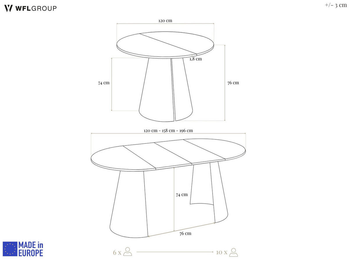 ESSTISCH Lamio runder ausziehbarer, Eiche Hell Braun 120-200/120/76 cm - Eichefarben/Braun, Holzwerkstoff/Metall (120/196/76cm) - WFL GROUP
