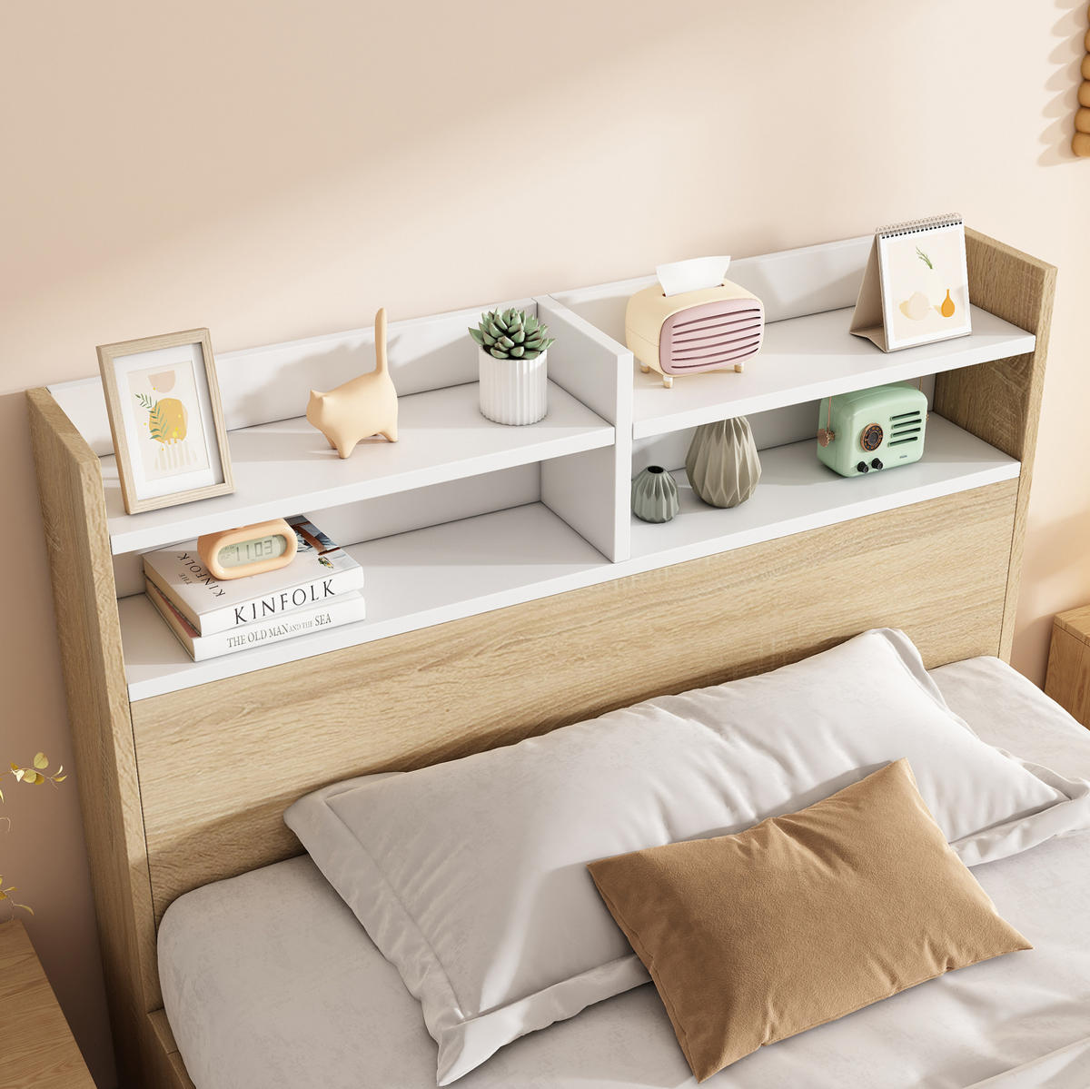 BETT 90/200 cm mit Kopfteil, Stauraum und Lattenrost in Weiß/Eiche - Weiß, Holzwerkstoff (90/200cm) - BEAOK