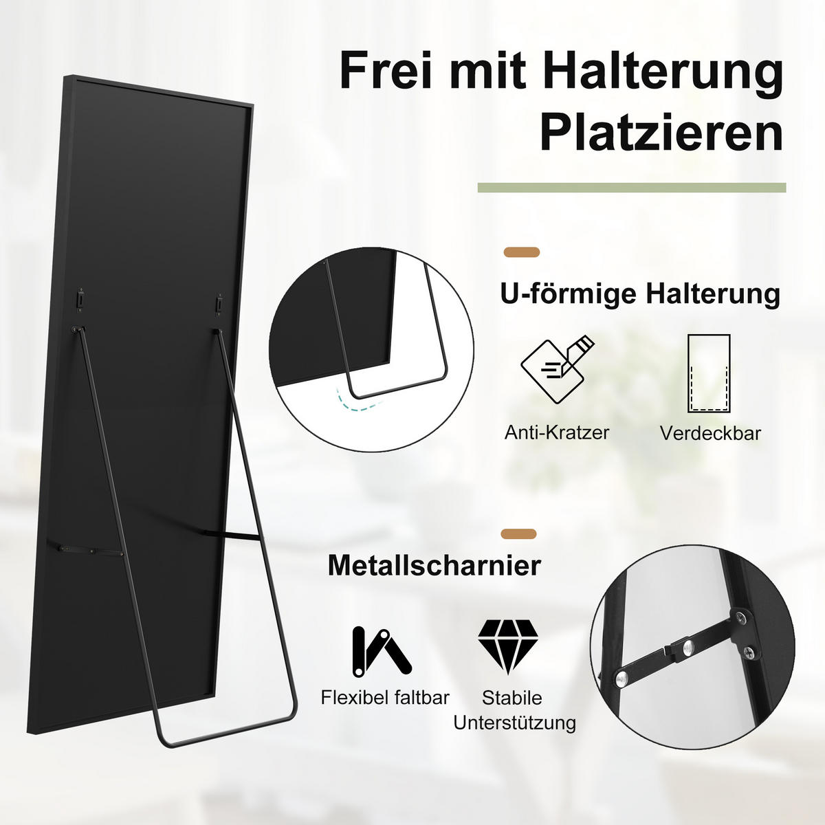 STANDSPIEGEL 177x77 cm Metallrahmen rechteckig schwarz - Schwarz, Holz (77/177/3cm) - LEBENLANG