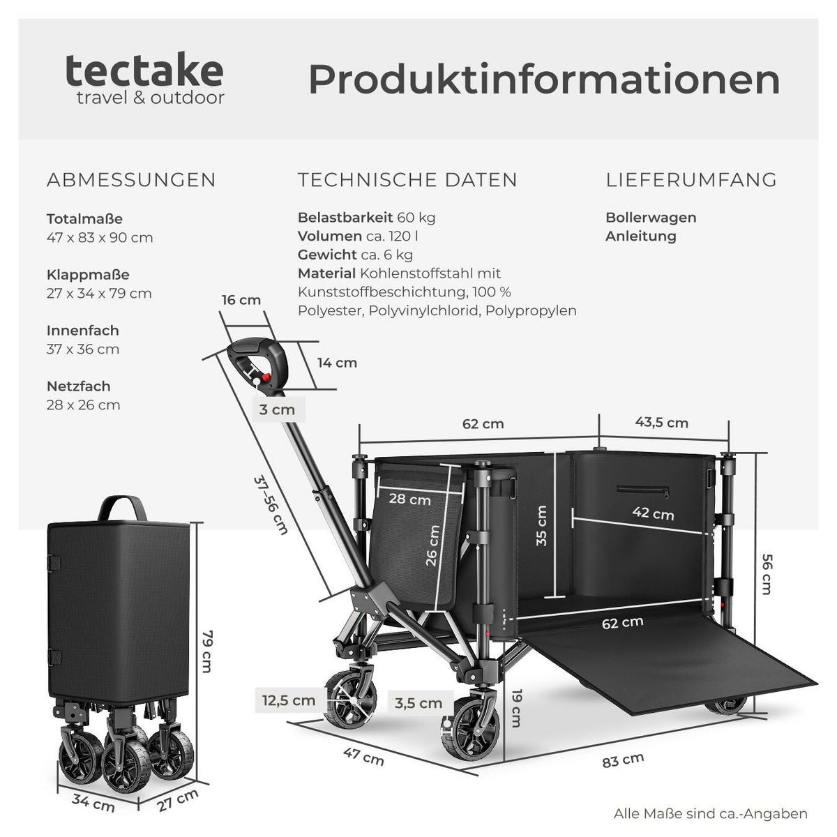 BOLLERWAGEN Smartrider, Inklusive Einlegeboden, Reflektorstreifen, Belastbarkeit 60 kg, schwarz - Schwarz, Kunststoff (47/90/83cm) - tectake