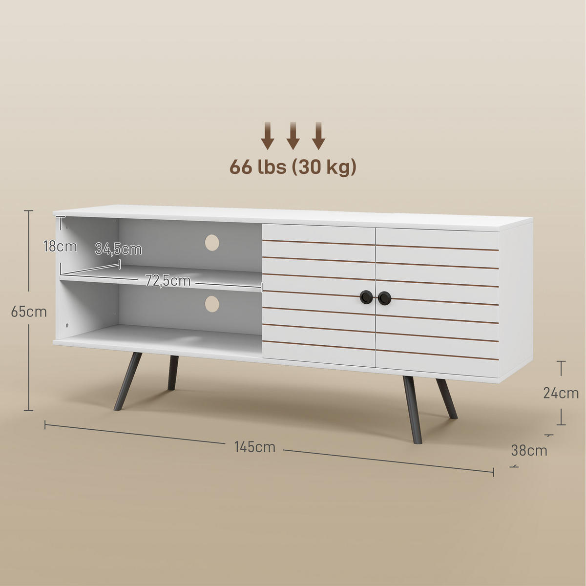 TV-LOWBOARD Weiß 145/38/65 cm, Soft-Close, Kabelmanagement, Holzbeine - Weiß, Holzwerkstoff (145/65/38cm) - PANGIVO