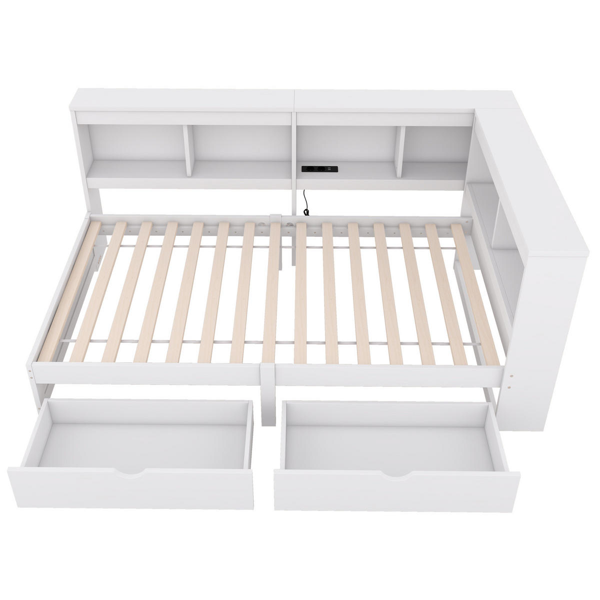 TAGESBETT 90/200 cm mit 2 Schubladen, Steckdose und 2 USB-Anschlüssen, Weiß - Weiß, Holzwerkstoff (90/200cm) - Redom