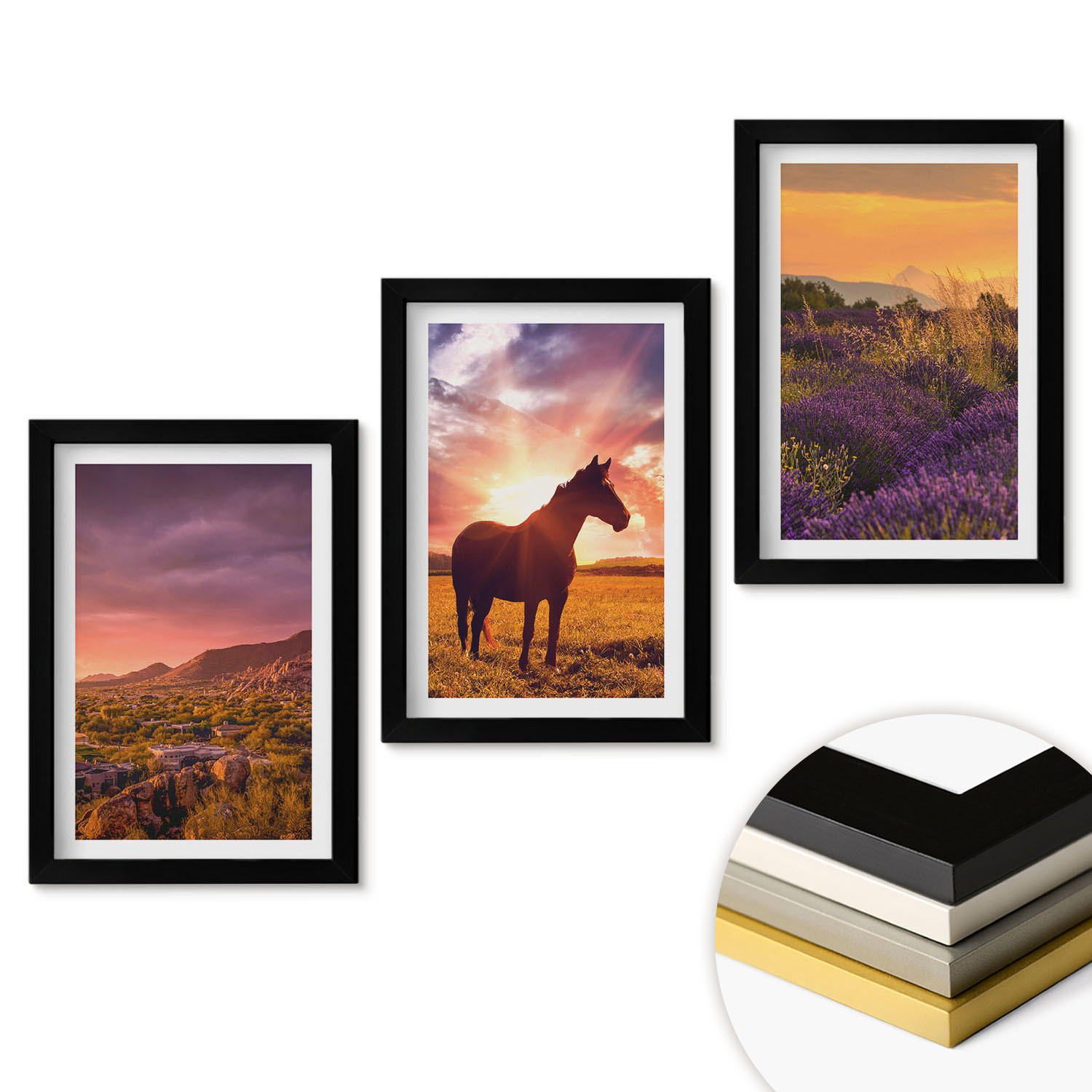 WANDBILDER 3er-Set - 20x30 cm Schwarzer Rahmen - Berglandschaft mit einem Pferd - Schwarz, Kunststoff (20/30cm) - ArtPrintCave