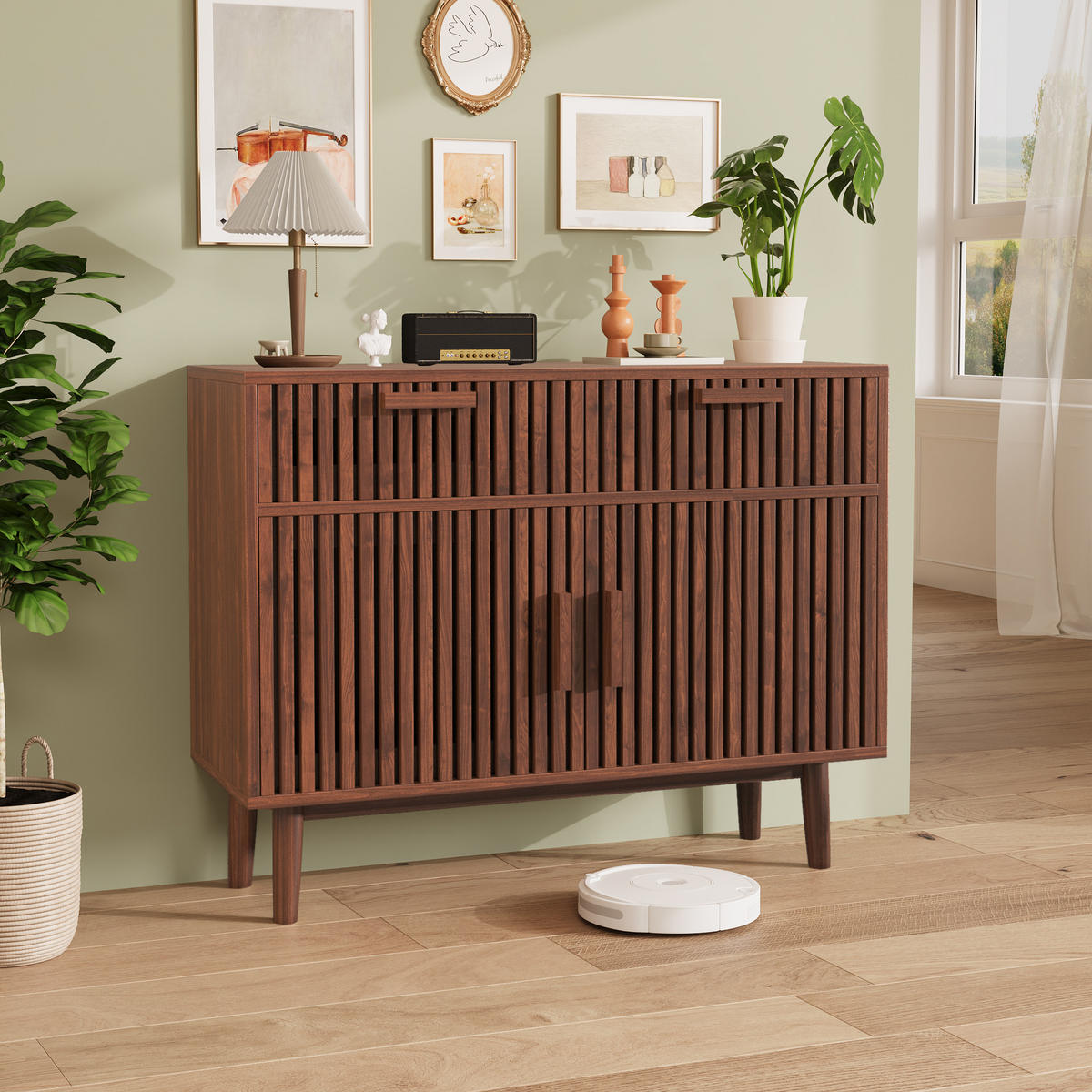 SIDEBOARD Nussbaumfarben 100cm Kommode mit 2 Türen 2 Schubladen Landhaus modern - Nussbaumfarben, Holz (100/80/35cm)