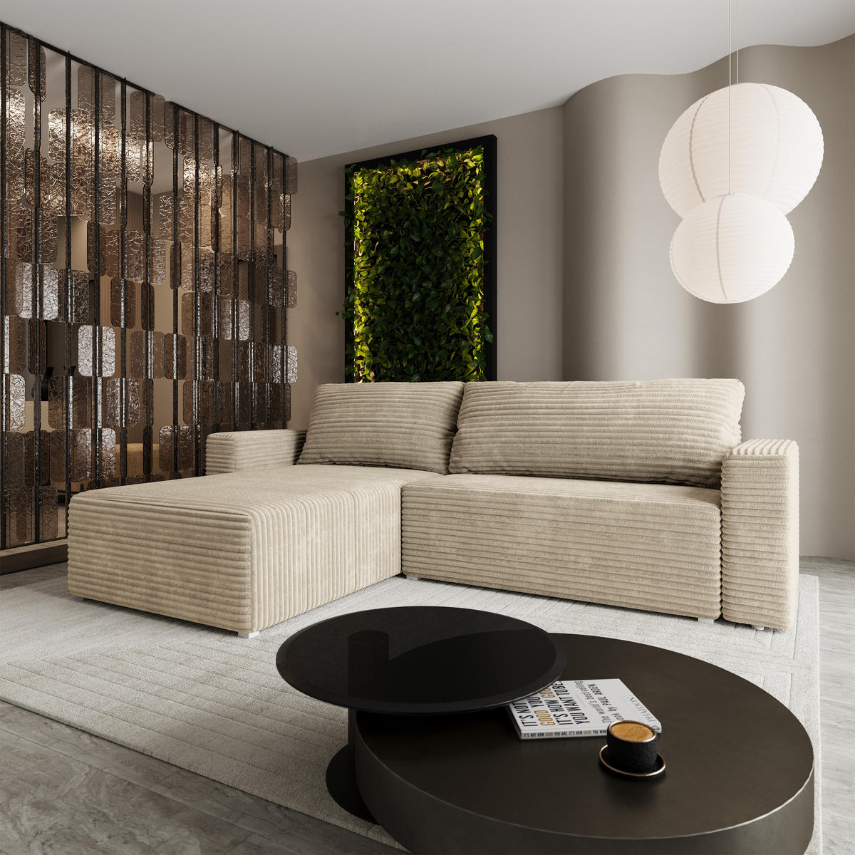 ECKSOFA CALTI T Creme Kordstoff mit Schlaffunktion - Creme, Holzwerkstoff/Textil (283/183cm) - MASSENO