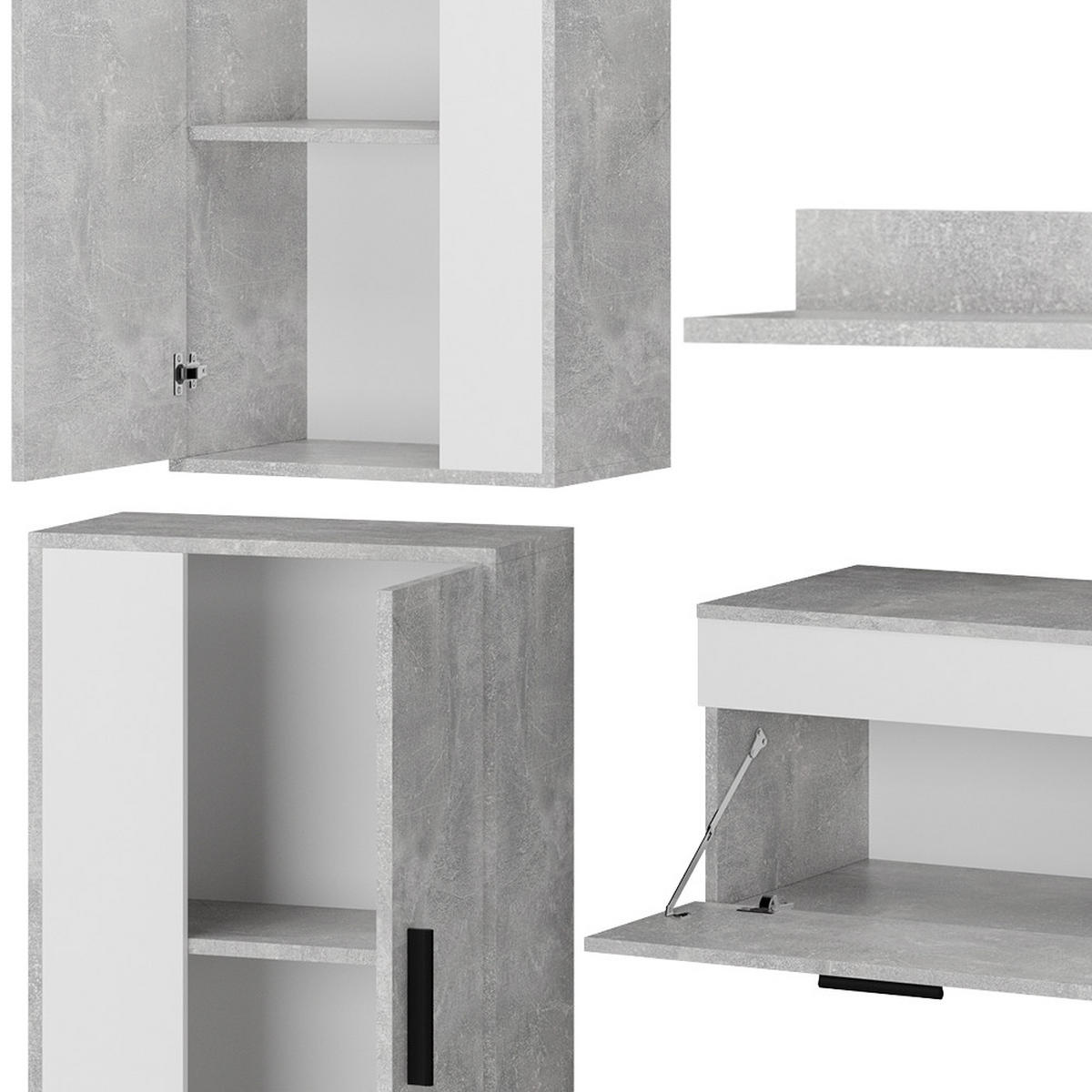 WOHNWAND Berno Beton/Weiß set, 4 Teile - Weiß/Grau, Holzwerkstoff (78/8/17.1cm) - Vicco