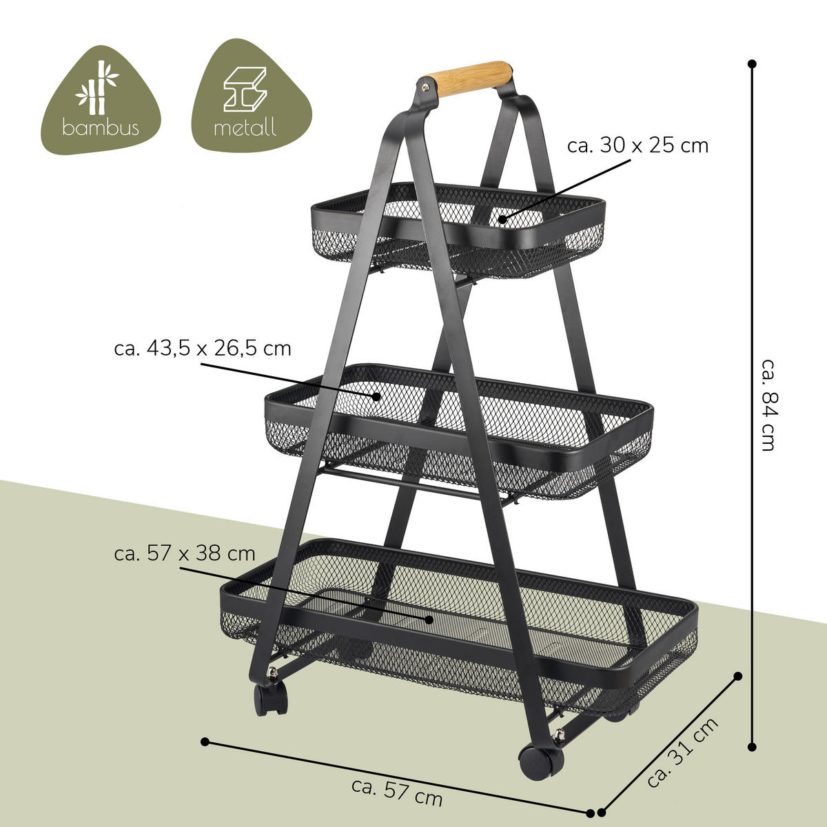 SERVIERWAGEN, schwarz, Metall - Schwarz, Metall (57/38/6.5cm) - eluno